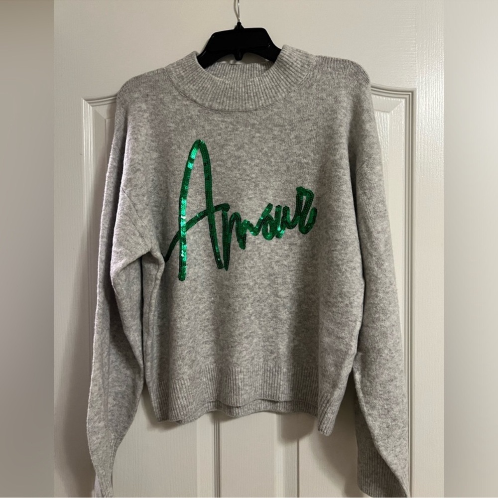 Gray Sweater with Green Sequin Amour Design